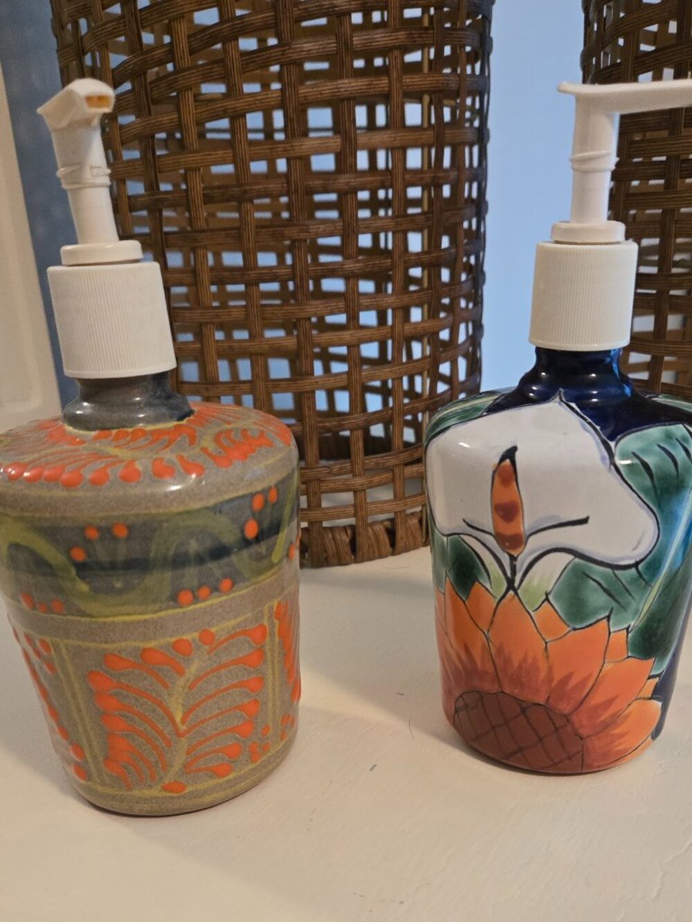 2 MEXICAN TALAVERA SOAP DISPENSERS PREOWNED